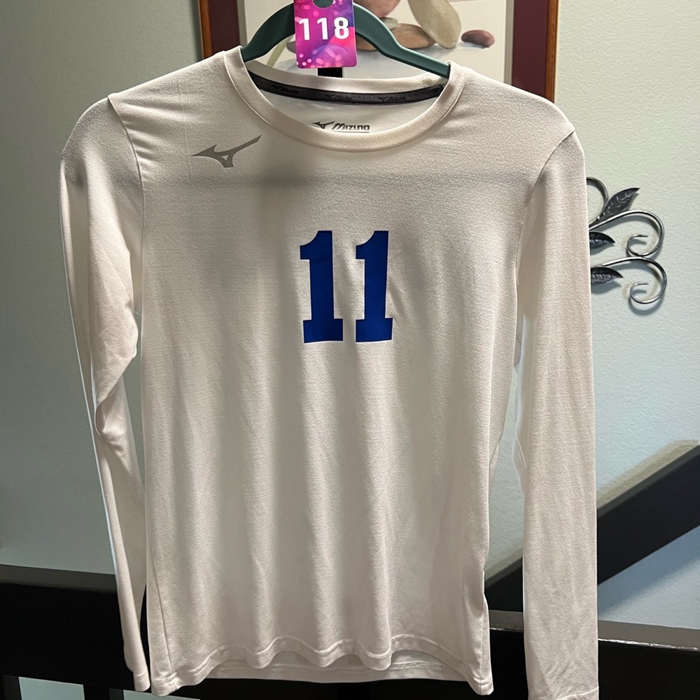 Mizuno White Long Sleeve Shirt with Blue Number !1 “MOMENTUM” #118